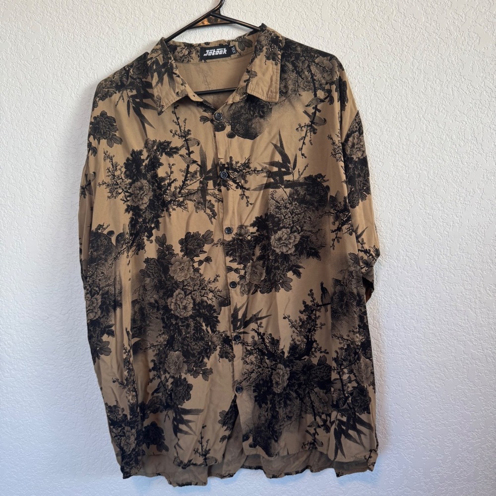 Jotook Button Down Shirt‎ Mens XXL Tan Black Floral Rayon Short Sleeve Tropical